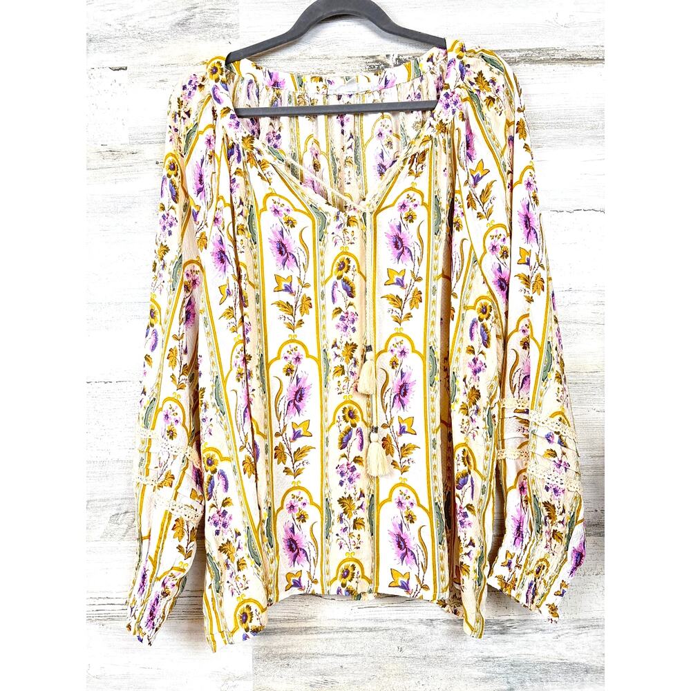 Jane Delancey Womens XL Cream Multi Floral Tie Neck Long Sleeve Blouse NEW